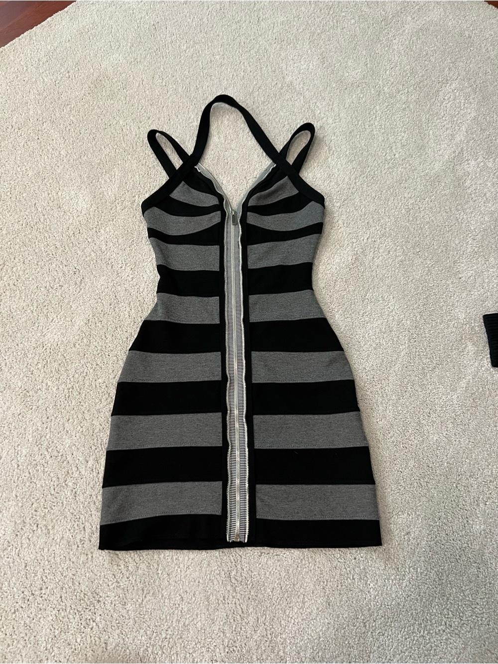 bebe Black and Gray Striped Zip-Front Bodycon Mini Dress